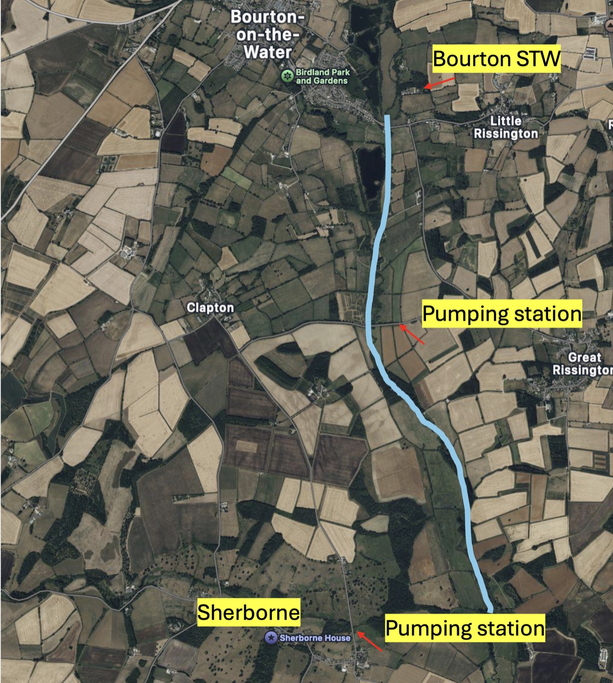 Annotated satellite map showing Bourton-on-the-Water sewage treatment works, two pumping stations, the River Windrush route and Sherborne